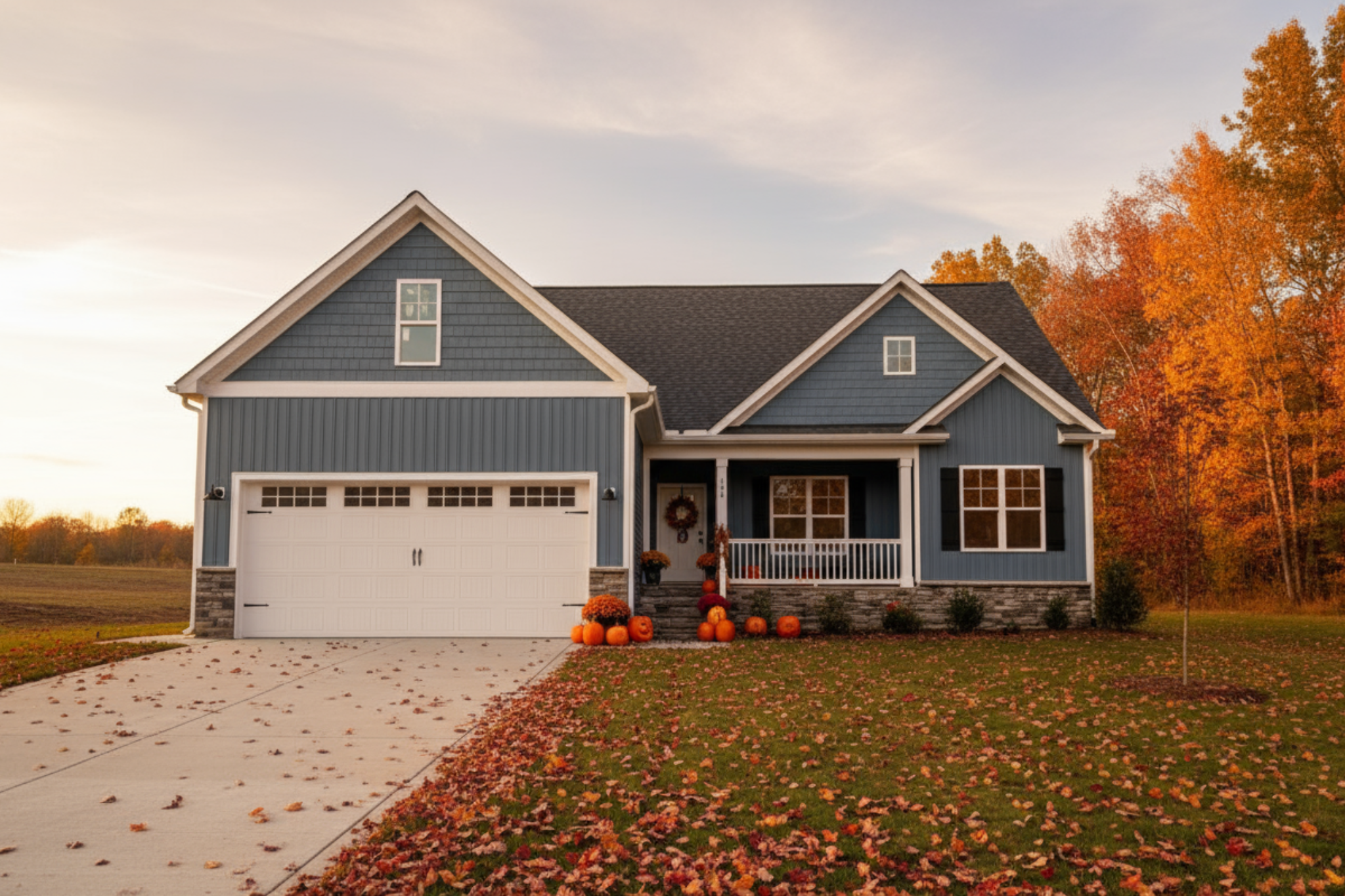 Neuse River Homes house in Johnston County NC with fall leaves in the front yard, perfect time to buy a home in October.
